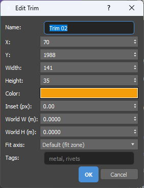 HotspotUV Edit Trim dialog — name, position, size, color, inset, world size, fit axis and tags