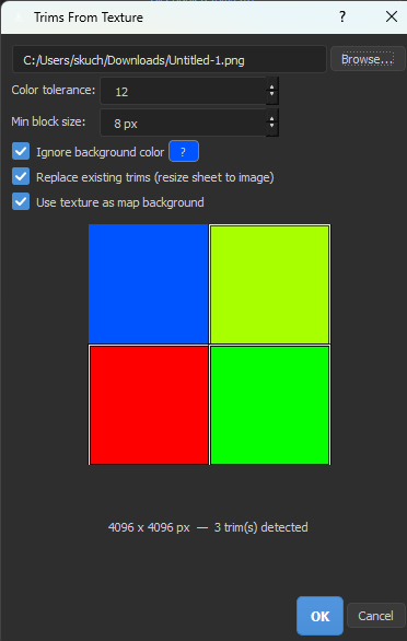 HotspotUV Trims From Texture dialog — color tolerance, minimum block size, background handling and a live detection preview