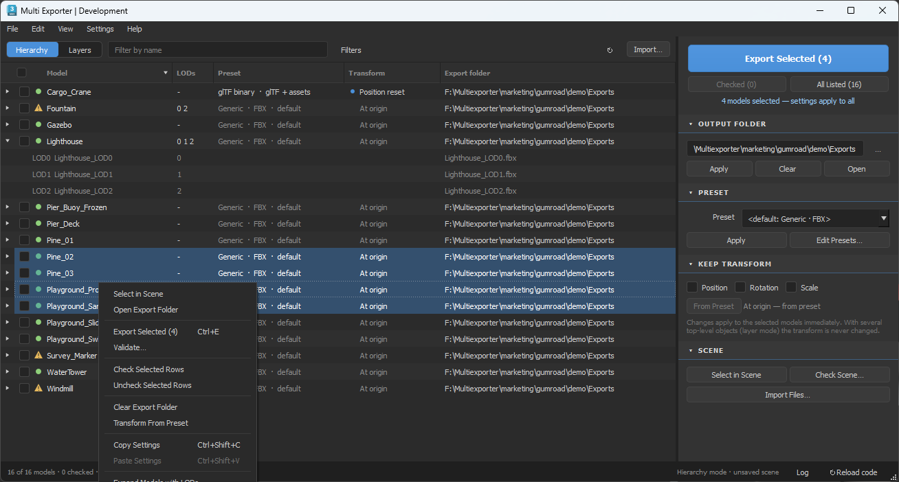Four models selected with the context menu showing Export Selected, Validate and Copy Settings.