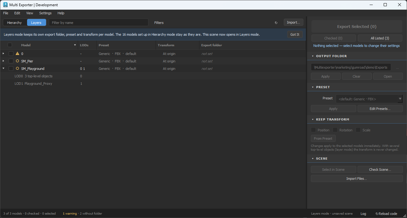 Layers mode with SM_Pier and SM_Playground, including LOD0 and LOD1.