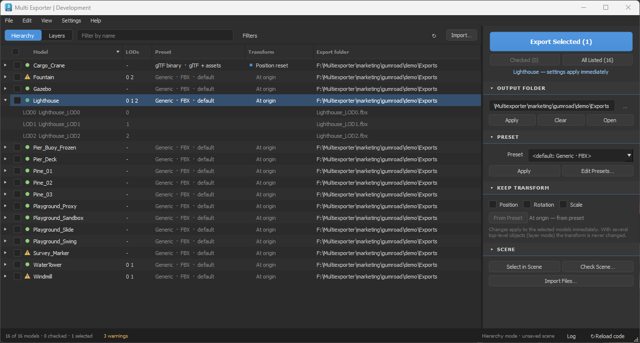 MultiExporter model list with per-model export presets and Lighthouse LODs.