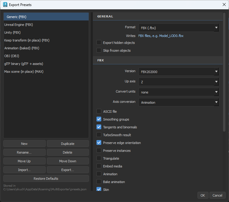 FBX preset with version, up-axis, unit conversion and mesh export options.