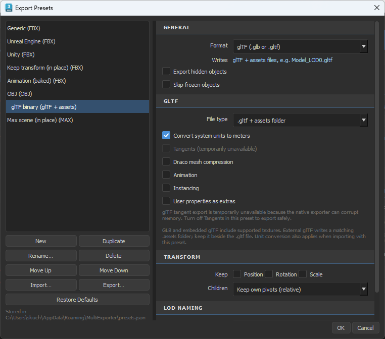 glTF preset showing file type, unit conversion, animation and transform options; tangents are disabled.