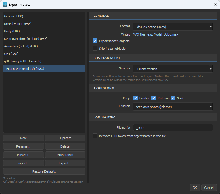MAX scene preset with save version, kept transforms and LOD naming.