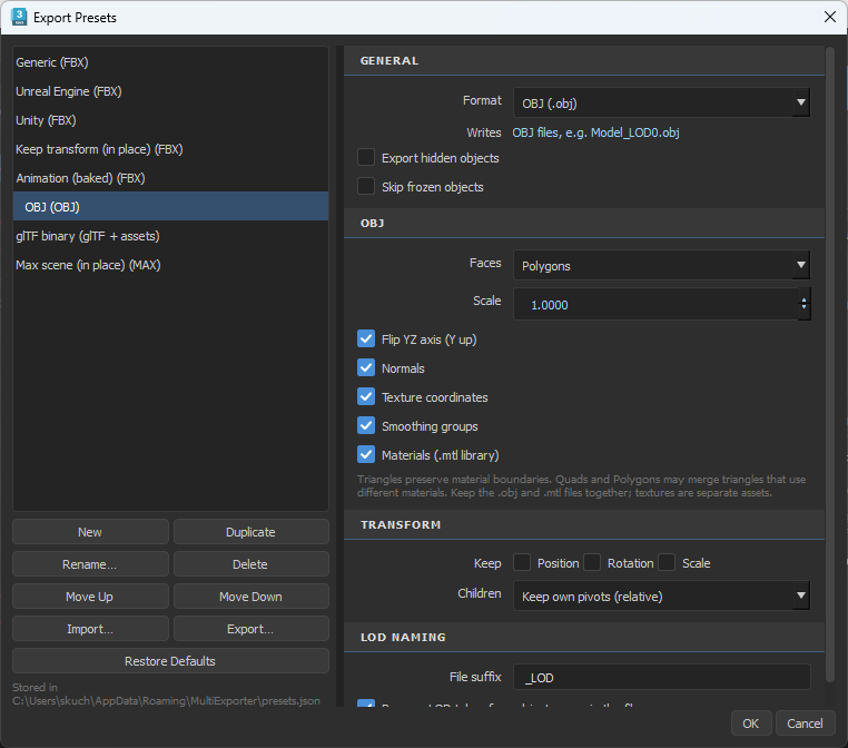 OBJ preset with face type, scale, normals, texture coordinates and materials.