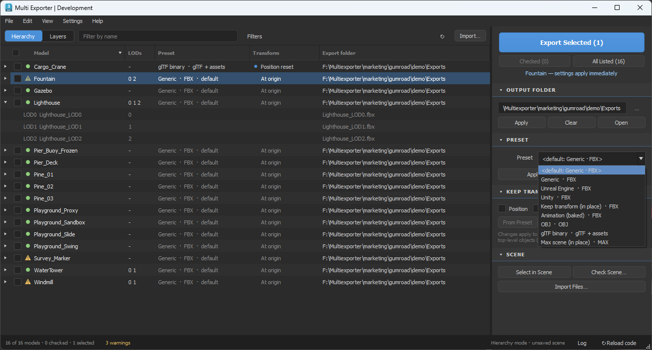 Preset selector showing Generic, Unreal Engine, Unity, OBJ, glTF and MAX presets.