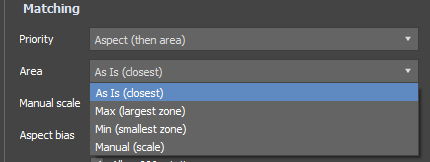 HotspotUV panel — Matching section with the Area dropdown open