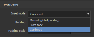 HotspotUV panel — Padding section with the Inset mode dropdown open: Manual, From zone, Combined