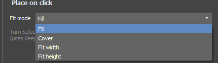 HotspotUV panel — Place on click section with the Fit mode dropdown open