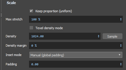 HotspotUV panel — Scale section: Keep proportion, Max stretch, Texel density, Density margin, Inset mode and Padding