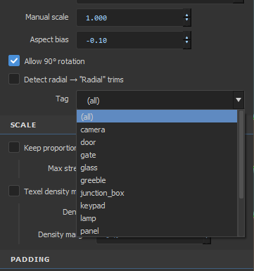 HotspotUV panel — Manual scale, Aspect bias, Allow 90°, Detect radial and the Tag dropdown listing zone categories