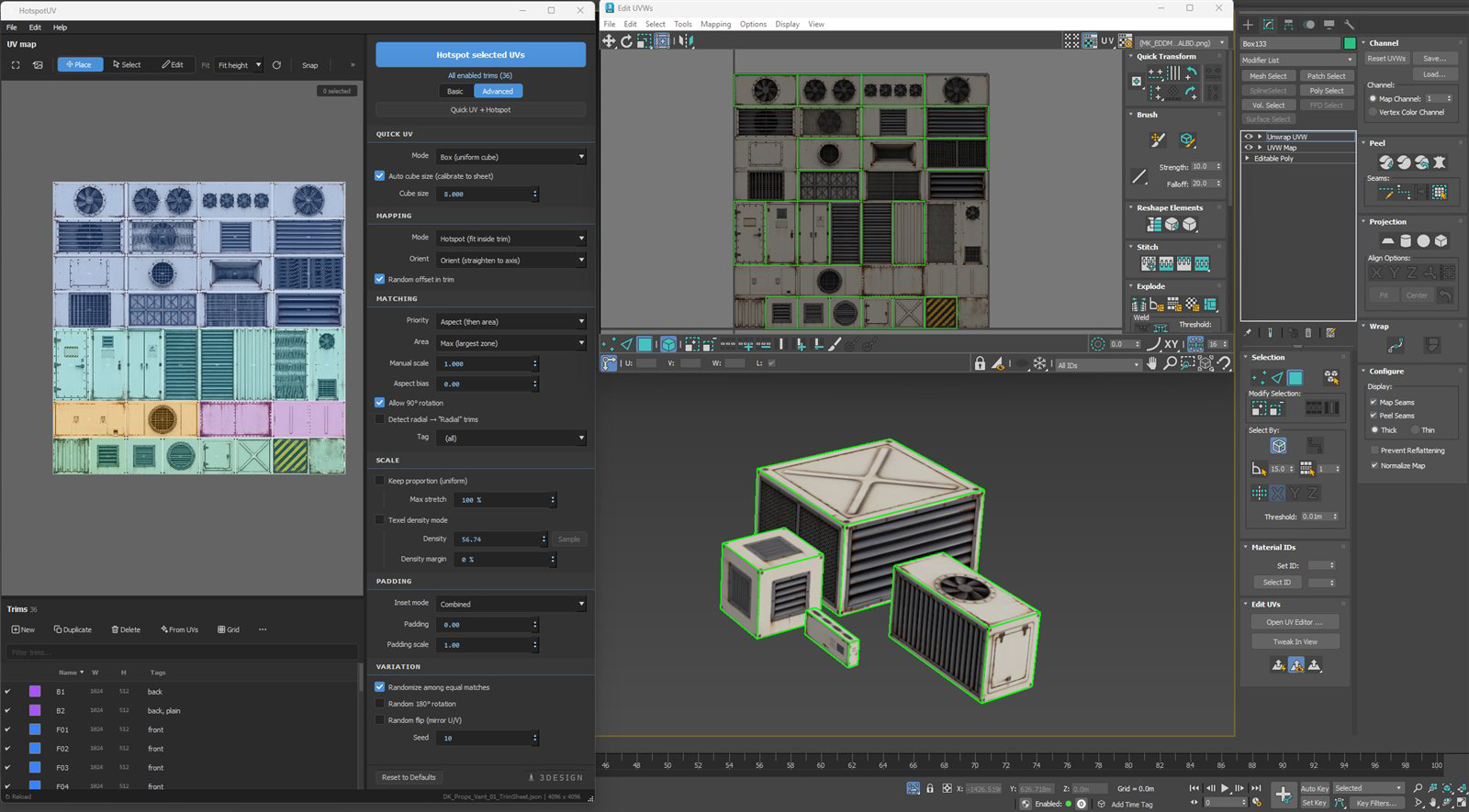 HotspotUV after a Quick UV + Hotspot run — the trim sheet with matched islands in Edit UVWs and fully textured HVAC props in the 3ds Max viewport