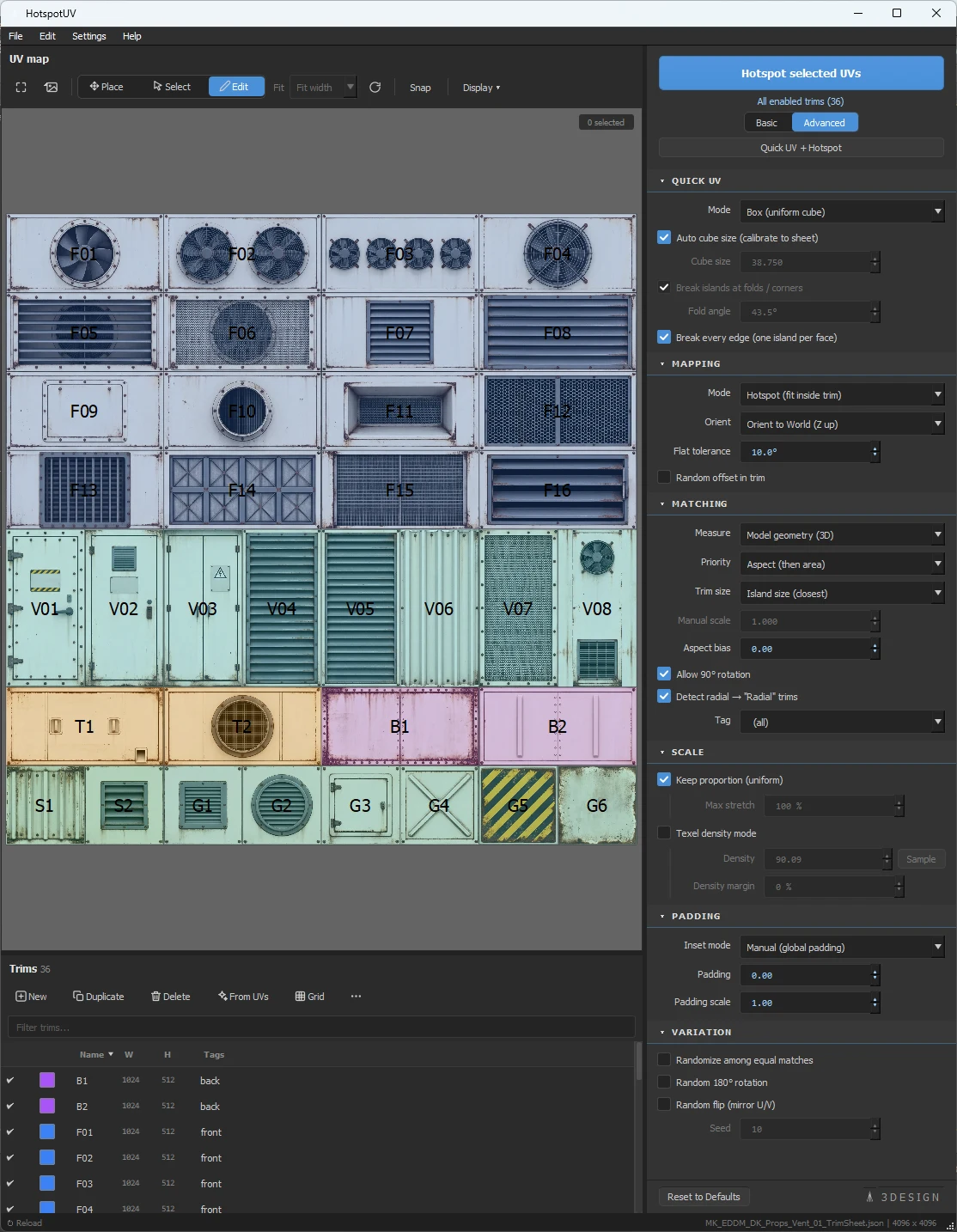 HotspotUV window in Advanced view — a 36-trim sheet on the map and the full options panel with Padding and Variation sections