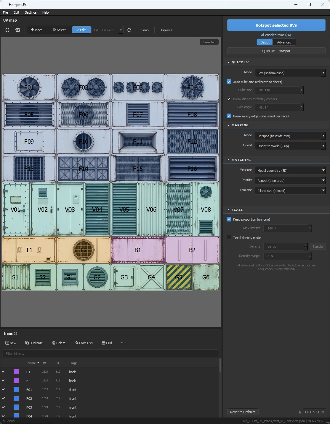 HotspotUV window in Basic view — a 36-trim sheet on the map, the trims list and a short options panel